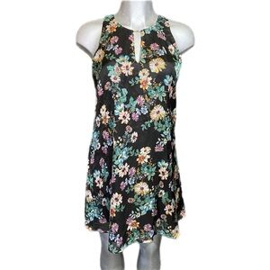 LAVENDER BROWN Floral 100% Silk Tunic Shift Dress Keyhole Neckline Size Medium